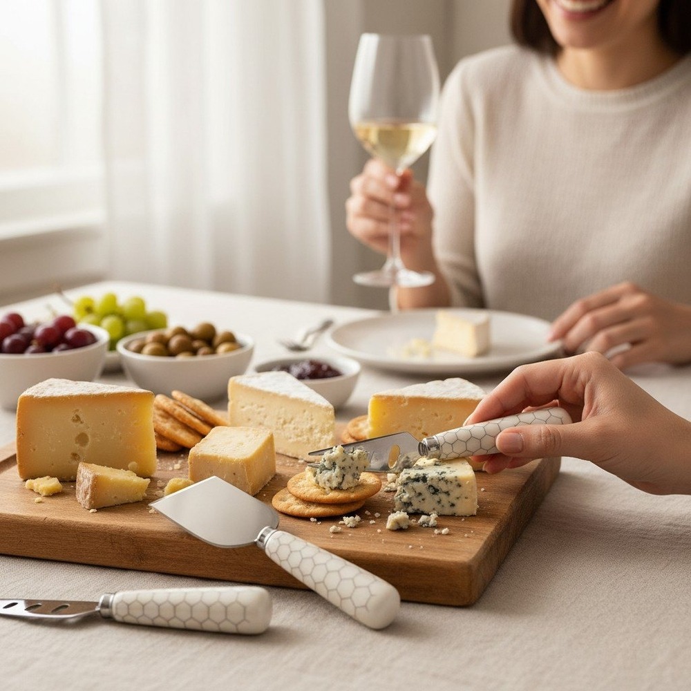 Natural Elements Cheese Knife Set Honeycomb Ceramic 3pc White New